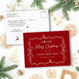 Klassisches Rot: Bow & Trees Doodles Holiday Postk Feiertagspostkarte