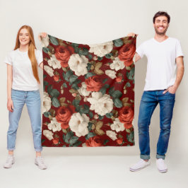 Klassisches Rot-Rosen-Weiß-Blumenmuster Fleecedecke