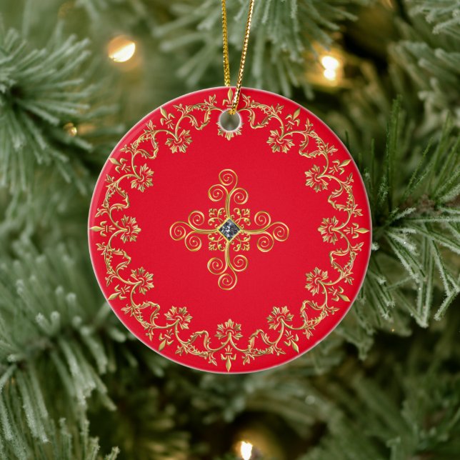 Klassisches Rot und Gold Keramik Ornament (Baum)