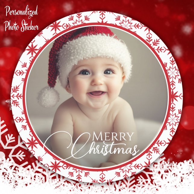 Klassisches Rot und Weiß frohe Weihnachtsklassi Fo Runder Aufkleber (Classic Red And White Merry Christmas Photo Classi Classic Round Sticker)