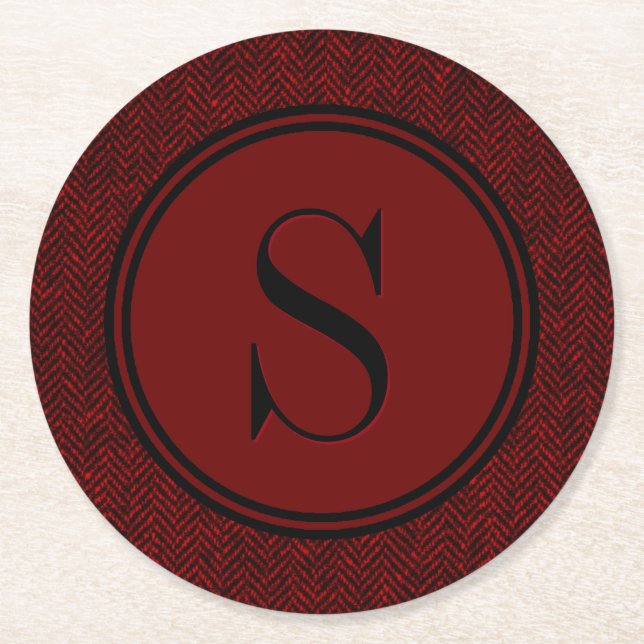 Klassisches rotes Fischgrätenmuster-Monogramm Runder Pappuntersetzer (Vorderseite)