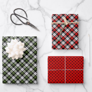Klassisches Rotes Grün Schwarz-weiß Gingham Geschenkpapier Set