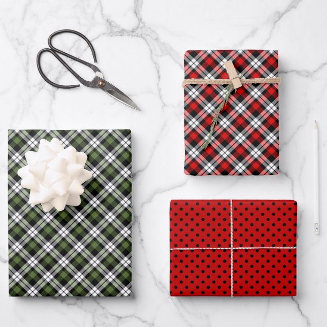 Klassisches Rotes Grün Schwarz-weiß Gingham Geschenkpapier Set (Vorderseite)