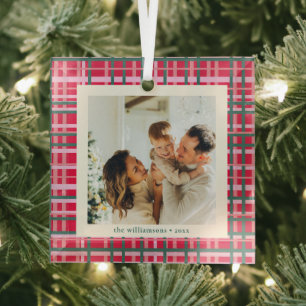 Klassisches rotes grünes Karo-Foto-Andenken Weihna Ornament Aus Glas