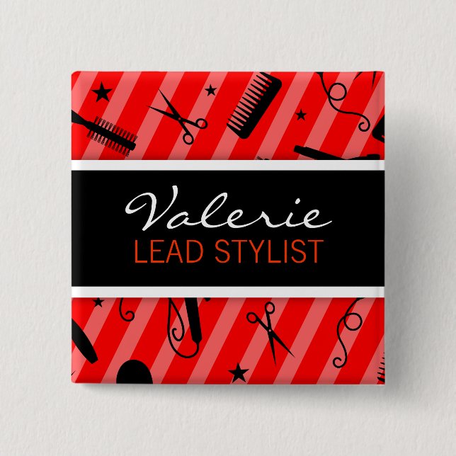 Klassisches rotes Haar-Salon-Namen-Abzeichen Button (Vorderseite)