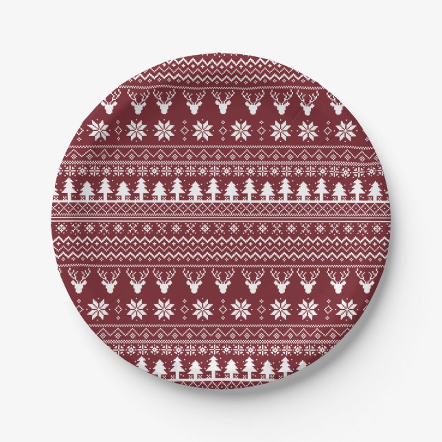 Klassisches rotes Rentier-Weihnachtspullover-Muste Pappteller (Vorderseite)