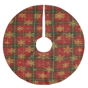 Klassisches rotes Tartan mit goldenen Schneeflocke Polyester Weihnachtsbaumdecke