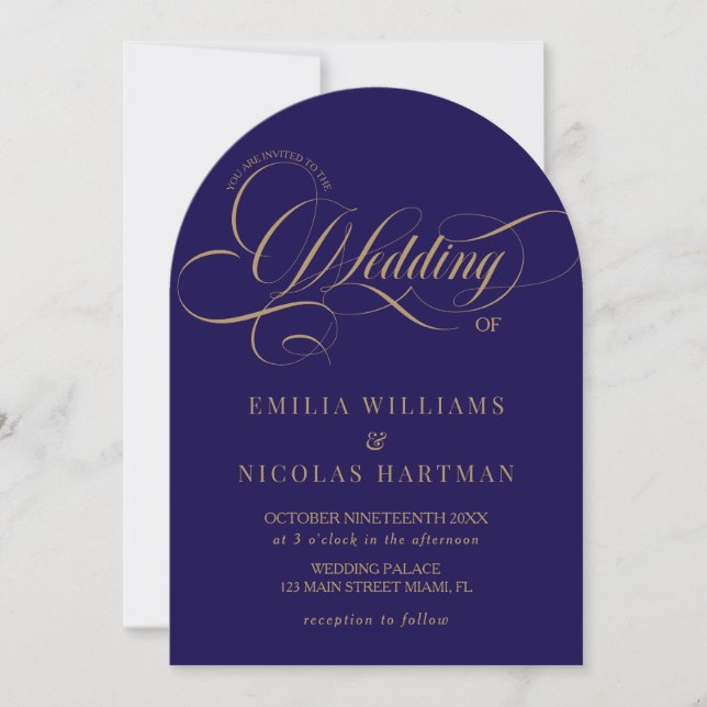 Klassisches Royal Blue Gold auf einer Hochzeit Einladung (Vorderseite)