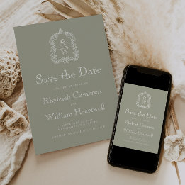 Klassisches Sage Green Monogram Wappen Script Save The Date