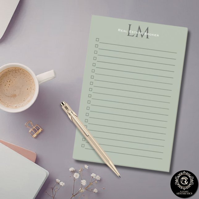 Klassisches Salbeigrün Monogramm Büro-Stil Post-it Klebezettel (Classic Sage Green Monogram Office Style Post-it Notes)