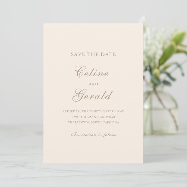 Klassisches Sandy neutrales Foto Elegante Hochzeit Save The Date (Stehend Vorderseite)
