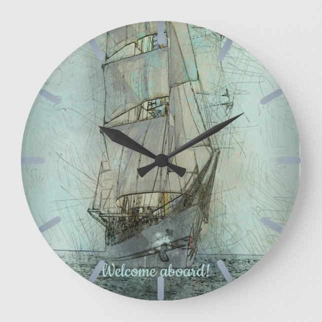 Klassisches Schiff (blau) Große Wanduhr (Vorderseite)