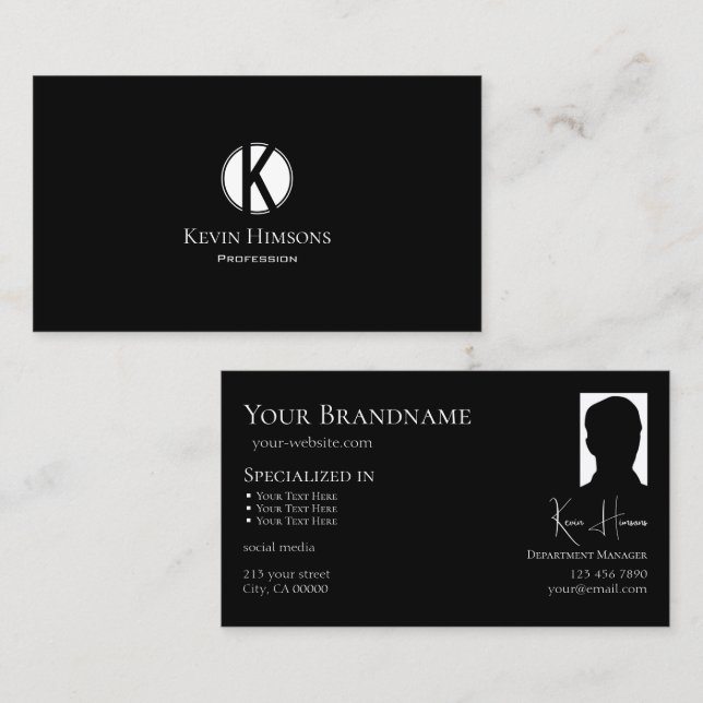 Klassisches Schlicht Schwarz mit Monogramm und Fot Visitenkarte (Vorne/Hinten)