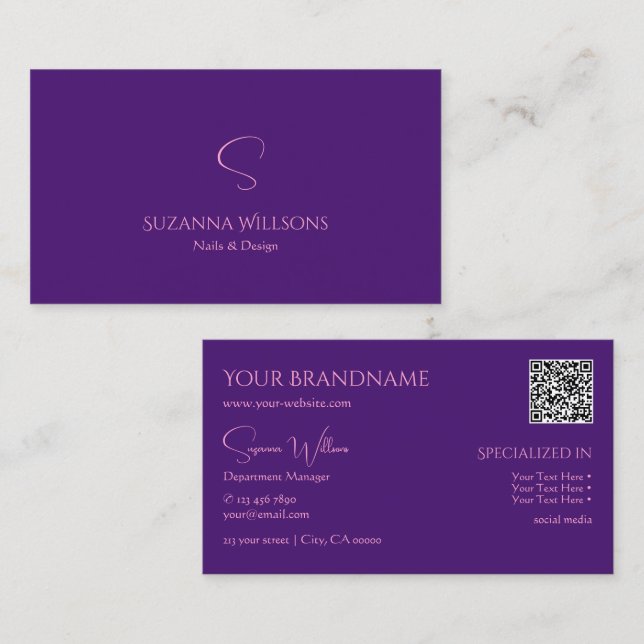Klassisches Schlichtes Royal Lila mit Monogram QR- Visitenkarte (Vorne/Hinten)
