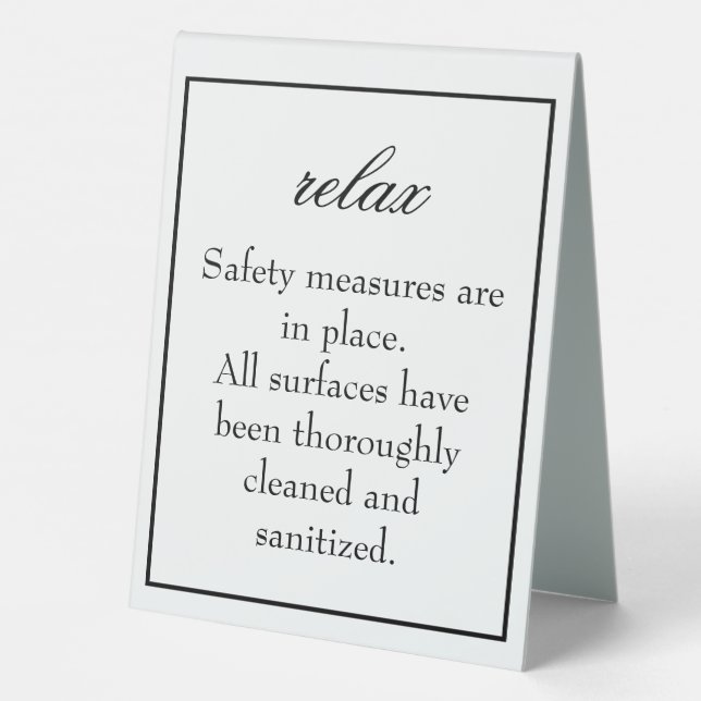 Klassisches schlichtes weißes Sanitize Zelt-Zeiche Tischaufsteller (Rückseite)