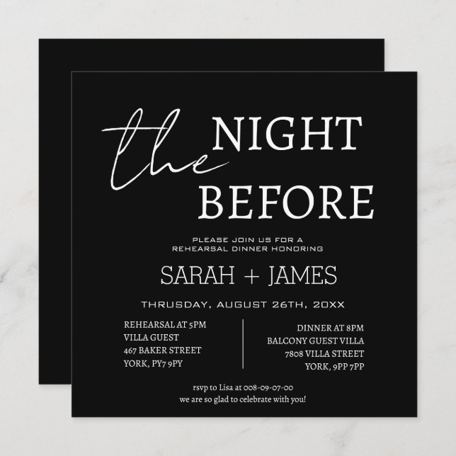 Klassisches Schwarz am Abend vor Probe Abendessen Einladung (Vorne/Hinten)