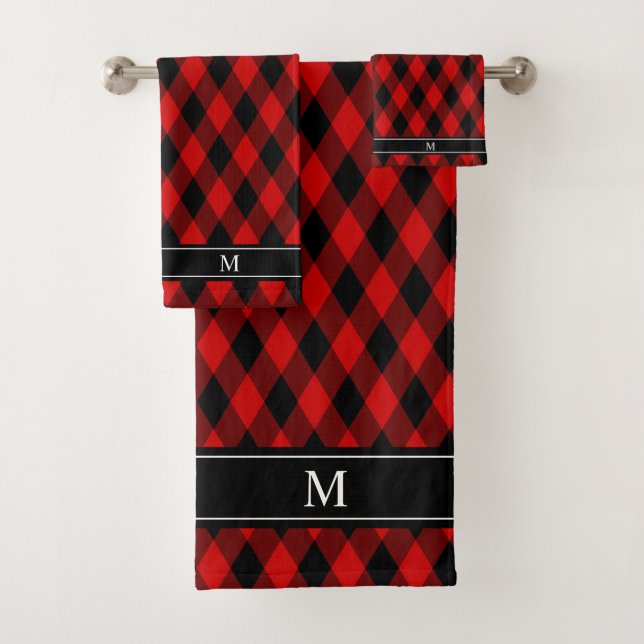 Klassisches Schwarz-Diamant-Muster und Monogramm Badhandtuch Set (Insitu)
