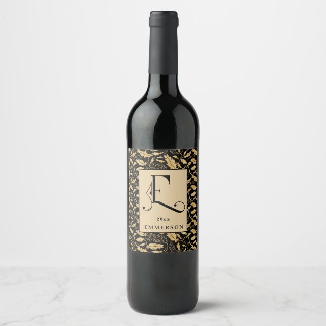 Klassisches Schwarz-Gold-Leaf-Muster Monogram E Weinetikett (Vorderseite)