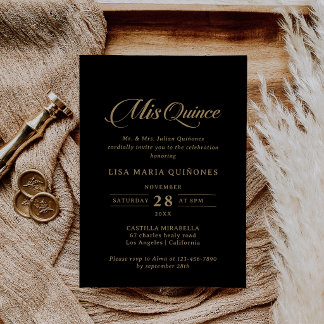 Klassisches Schwarz und Gold Mis Quince Quinceañer Einladung