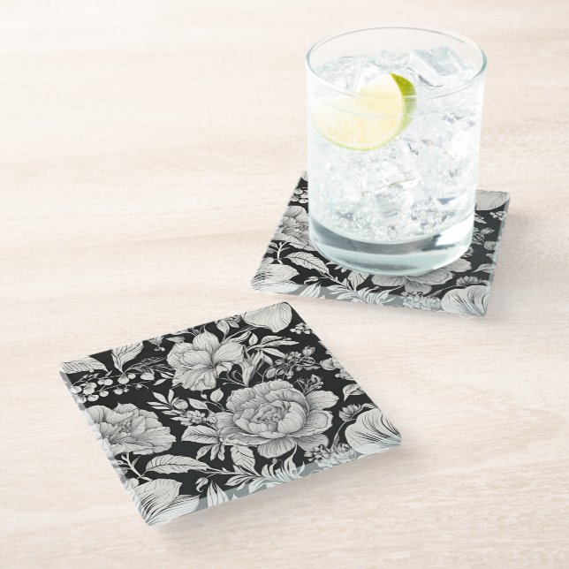 Klassisches Schwarz und Weiß, Vintag Glasuntersetzer (Schrägansicht)