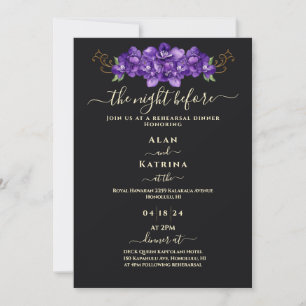 Klassisches Schwarz Violett Floral Gold Probedinne Einladung