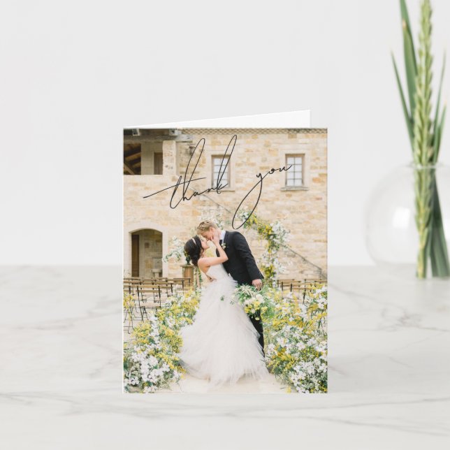 Klassisches Schwarz-Weiß-Foto Elegante Hochzeit Dankeskarte (Vorderseite)