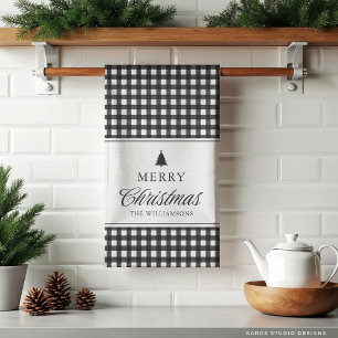 Klassisches Schwarz-Weiß-Gingham-Weihnachten Famil Geschirrtuch
