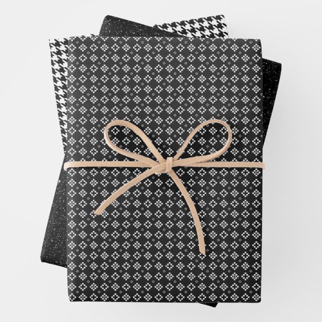Klassisches Schwarz-Weiß-Hahnentrittmuster Geschenkpapier Set (Beispiel)