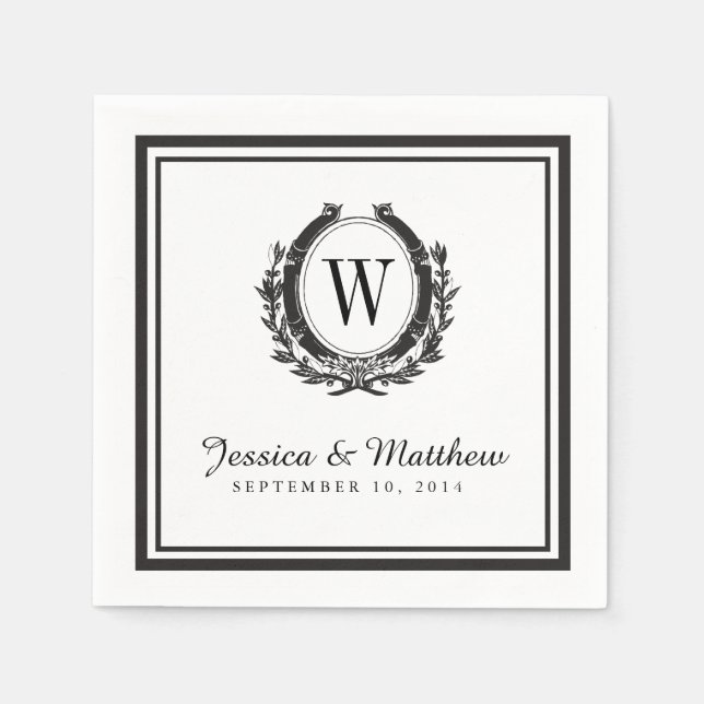 Klassisches Schwarz-Weiß-Monogramm-Papier Napkins Serviette (Vorderseite)