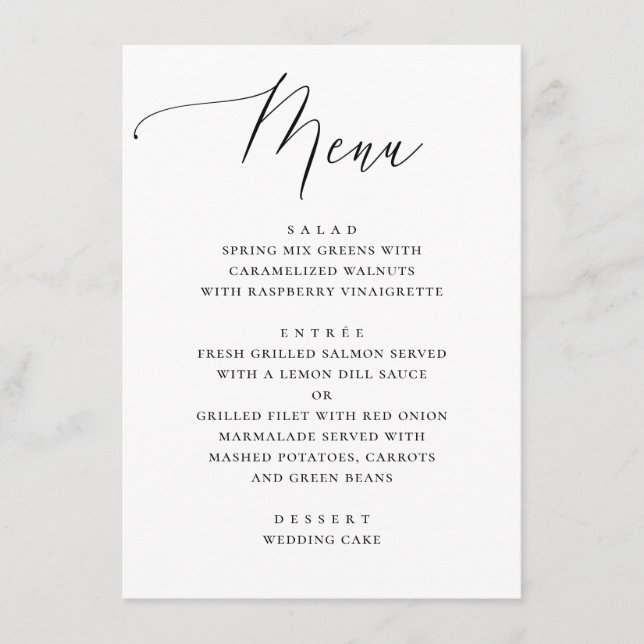 Klassisches Schwarz-Weiß-Script-Hochzeitsessen Menükarte (Vorderseite)