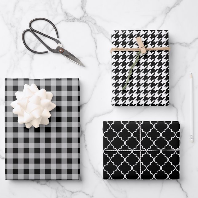 Klassisches Schwarz-Weiß-Weihnachtsmuster mit Imme Geschenkpapier Set (Vorderseite)