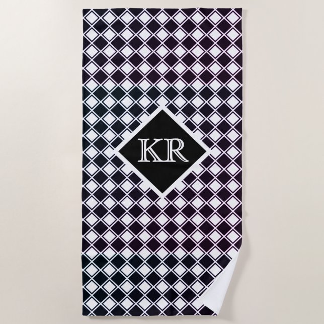 Klassisches Schwarz-weißes Diamantmuster Monogramm Strandtuch (Vorderseite)