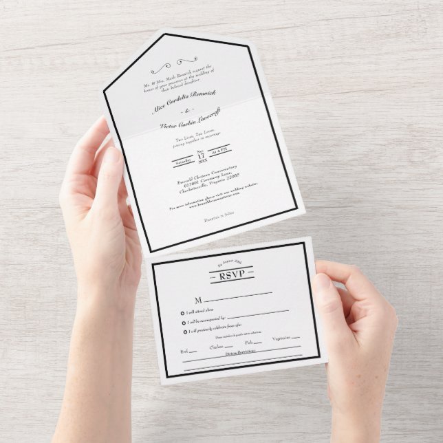 Klassisches Schwarz-weißes Hochzeitmenü All In One Einladung (Abreißen)