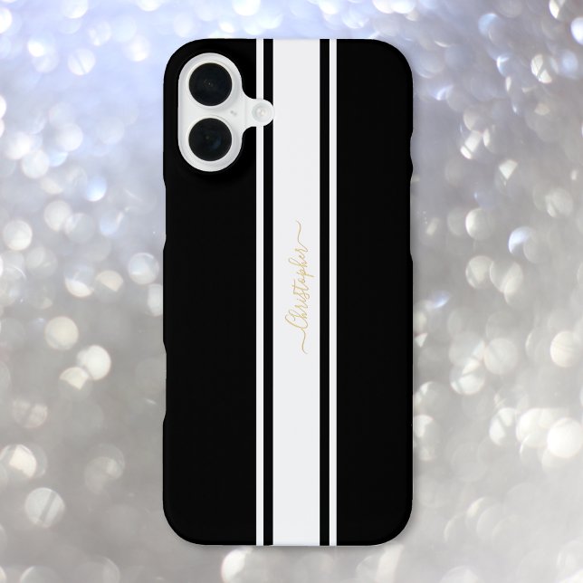 Klassisches Schwarz-weißes Racing Stripes Gold Mon iPhone 16 Plus Hülle (Classic Black White Racing Stripes Gold Monogram iPhone Case)
