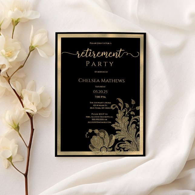 Klassisches Schwarzes Gold Glitzer Blumenretiremen Einladung (Classy black gold glitter floral Retirement Party)