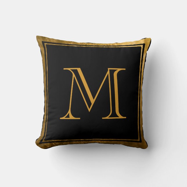 Klassisches Schwarzes Imitat Goldfolie Monogram Ki Kissen (Vorderseite)