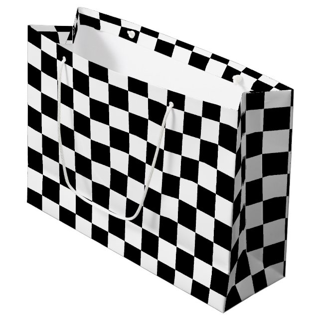 Klassisches schwarzes Schachbrettmuster Große Geschenktüte (Vorderseite Schrägansicht)