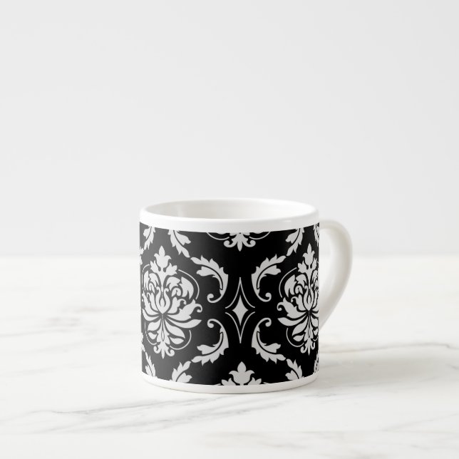 Klassisches Schwarzweiss-Blumendamast-Muster Espressotasse (Vorderseite Rechts)