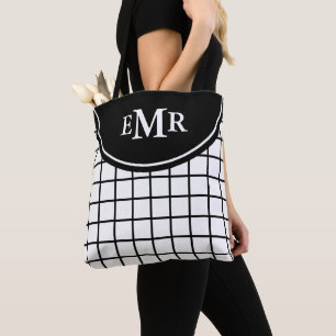 Klassisches Schwarzweiss-Gitter-Streifen-Monogramm Tasche