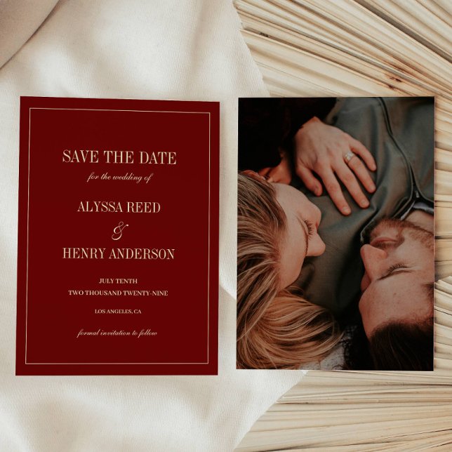 Klassisches Skript Weinrotes Hochzeitsfoto Save The Date (Von Creator hochgeladen)