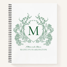 Klassisches Smaragdgrün-Blumenwappen-Monogramm Notizbuch