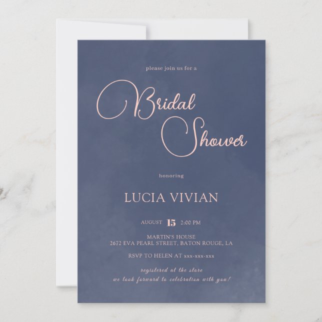 Klassisches Smokey Navy Blue Typografy Brautparty Einladung (Vorderseite)