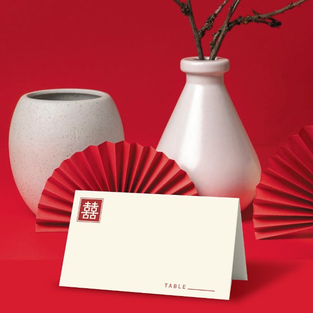Klassisches Square Doppelglücksspiel Chinesische H Platzkarte (Classic Square Double Happiness Modern Chinese Wedding Folded Place Card @ fatfatin_red_knot)