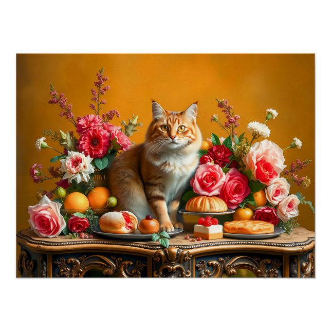 Klassisches Stillleben mit Katze und Natur Poster (Vorderseite)