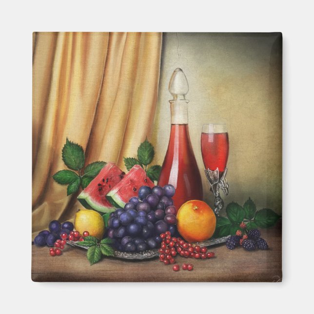 Klassisches Stillleben mit Wein- und Obstmalerei Magnet (Vorne)
