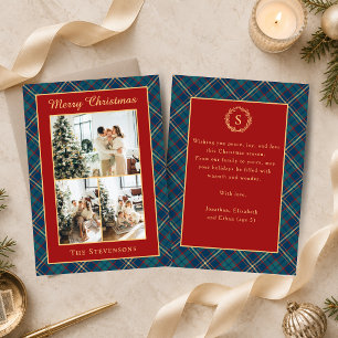 Klassisches Tartan-Karo Rot Multi-Foto-Weihnachten Feiertagskarte