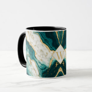 Klassisches Teal- und Goldmarmor-Letter W Tasse