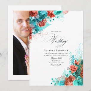 Klassisches Türkis und Korallen-Blumen-Hochzeitsfo Einladung