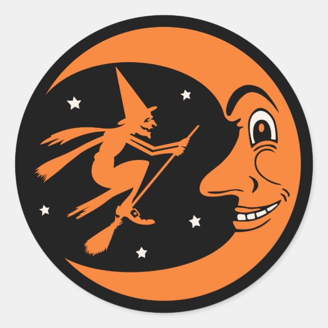 Klassisches Vintages Halloween-Mond und Hexe Runder Aufkleber (Vorderseite)