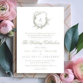 klassisches Wappen Hochzeit Salbei Grün Monogramm Einladung